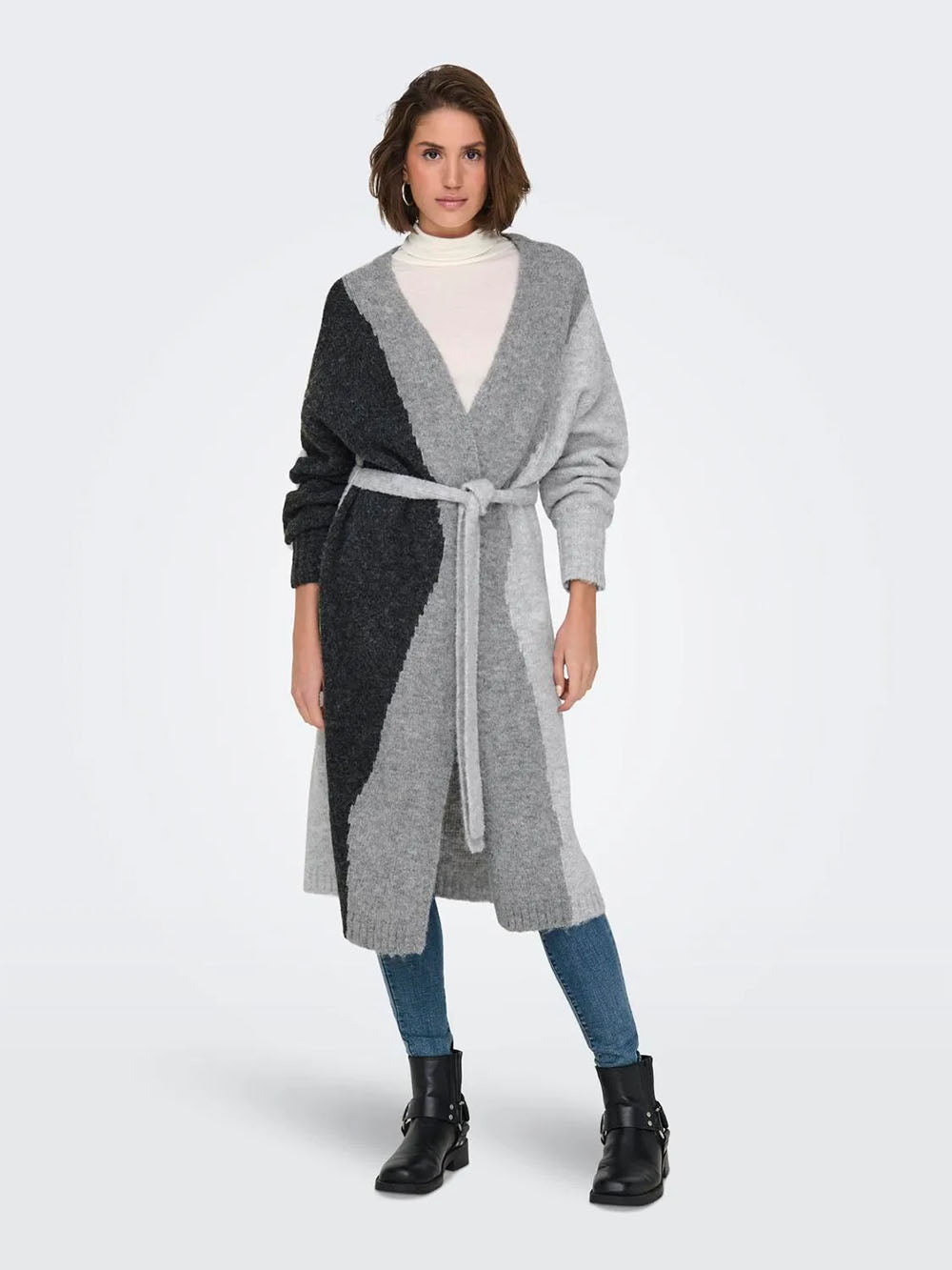 Grey Blocked Belted Cardiagn