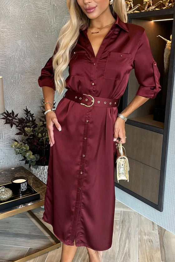 Satin Shirt Dress Burgundy