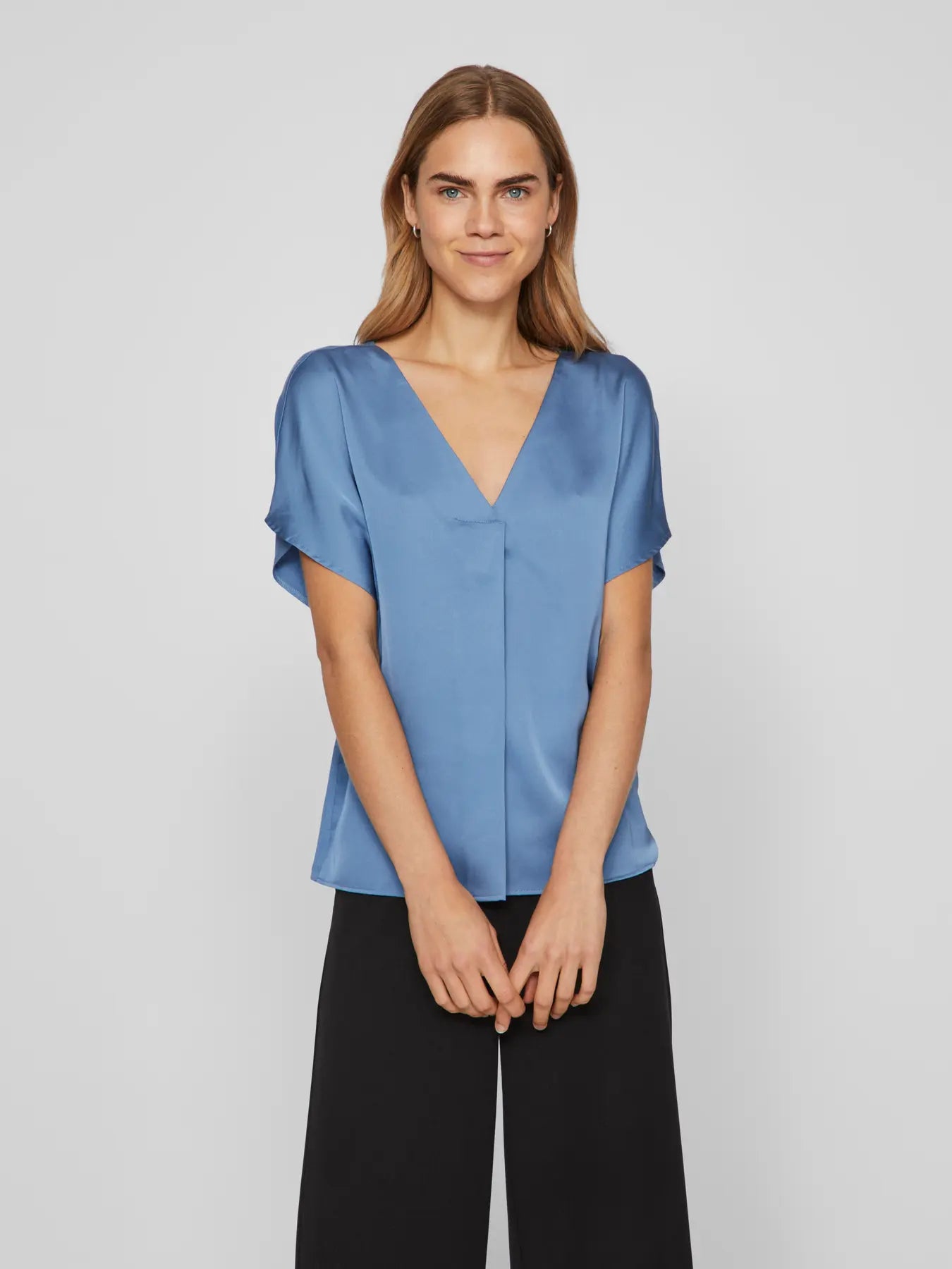 Viellette Satin V Neck Denim Blue