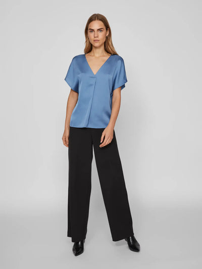 Viellette Satin V Neck Denim Blue