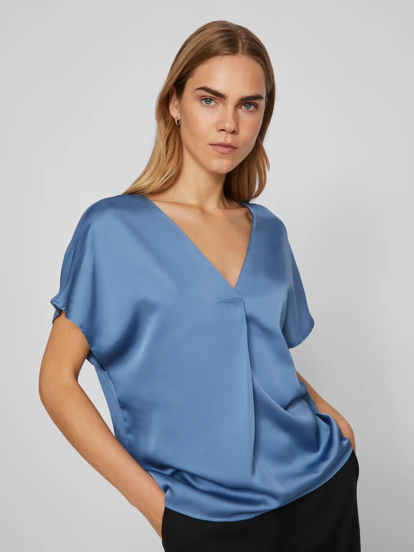 Viellette Satin V Neck Denim Blue