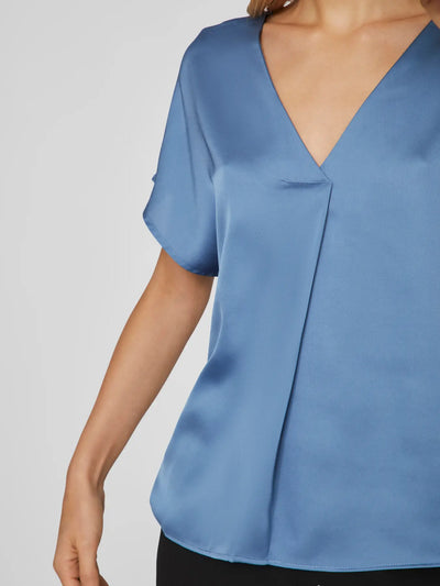 Viellette Satin V Neck Denim Blue