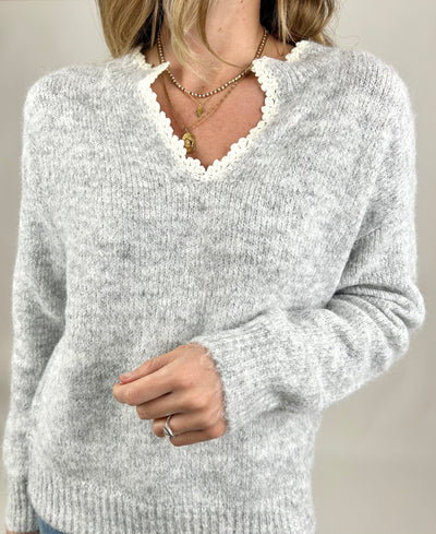 Crochet Trim Grey Jumper