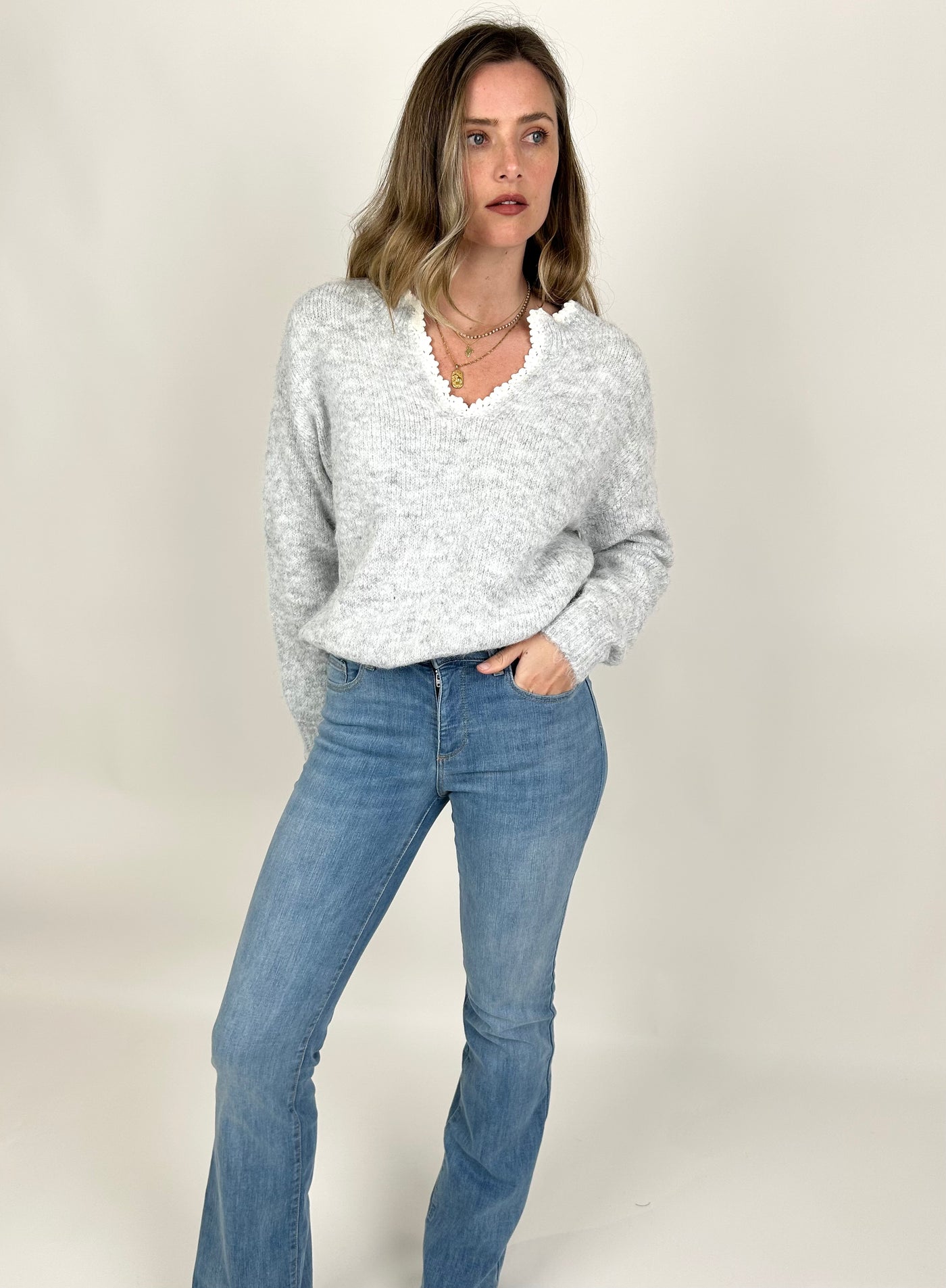 Crochet Trim Grey Jumper