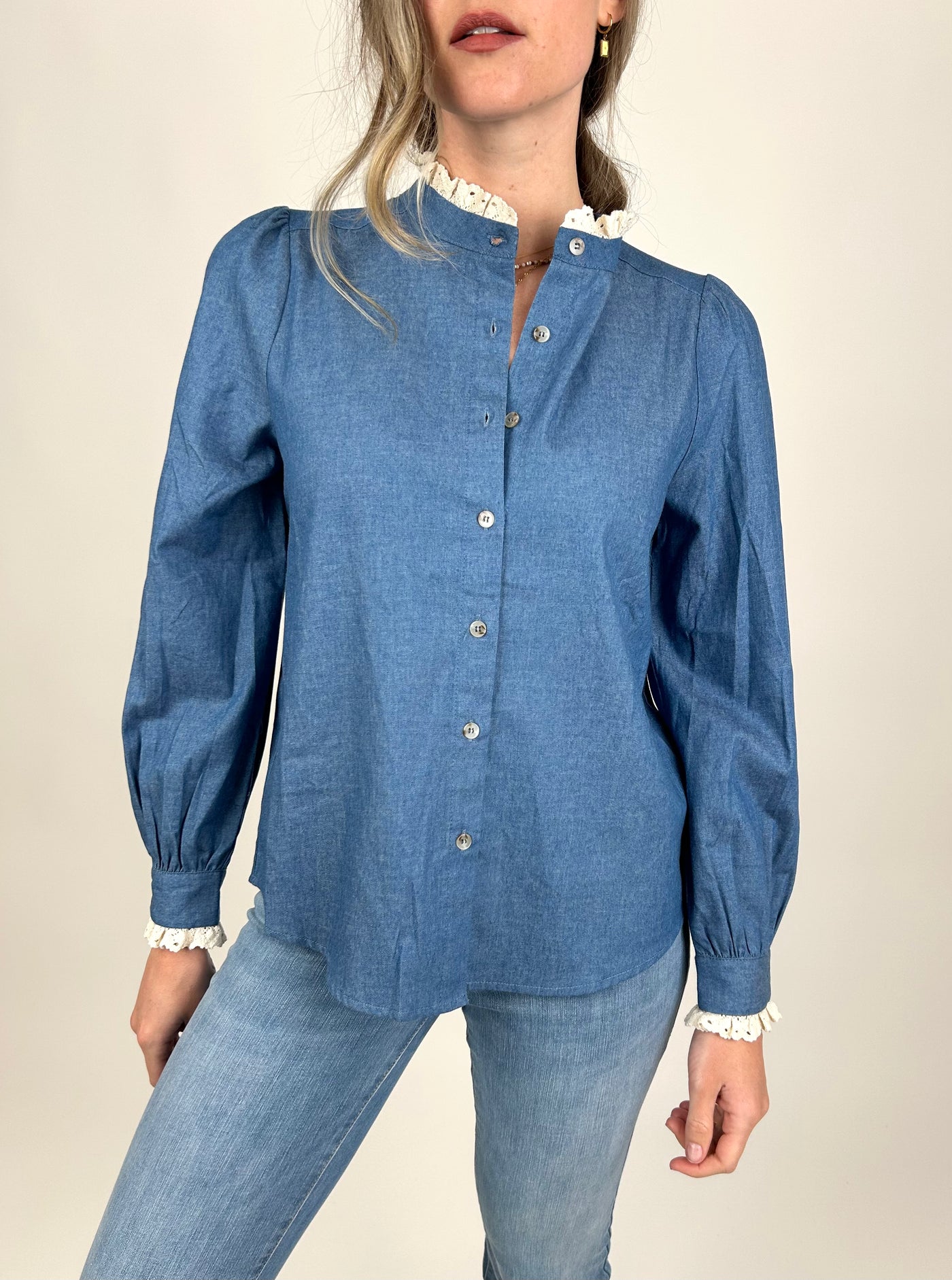 Lace Collar Denim Blouse