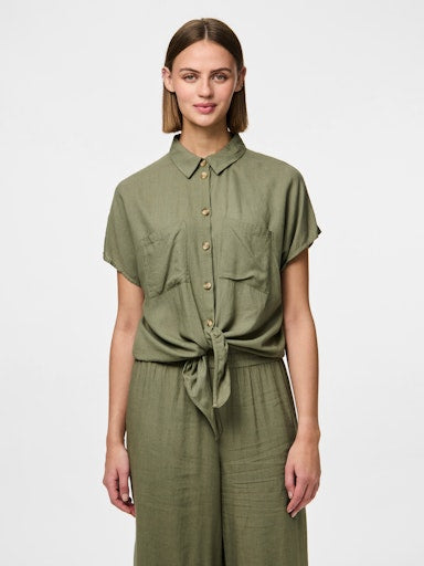 Linen Tie Blouse Khaki