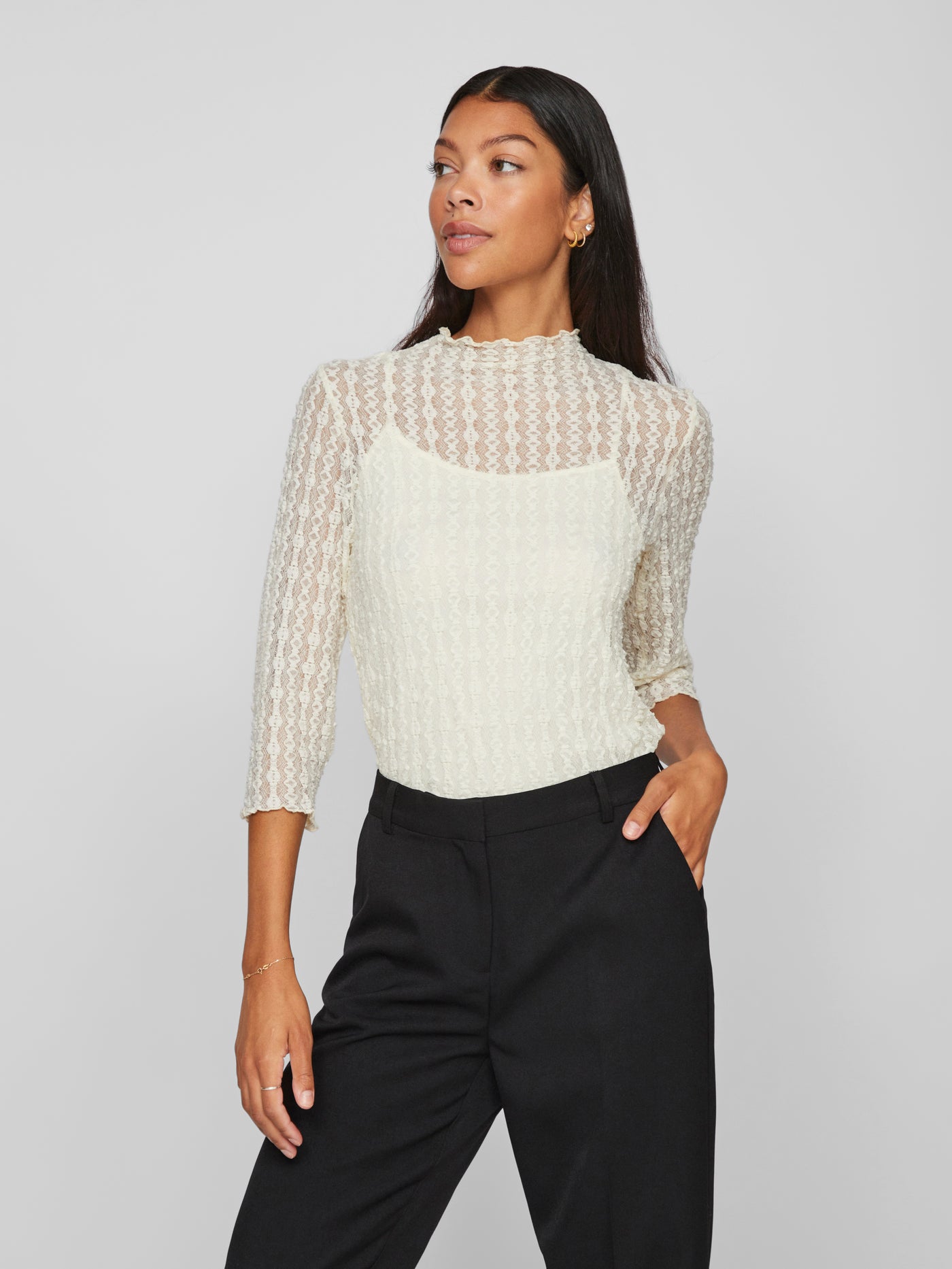 Funnel Neck Lace Top Cream