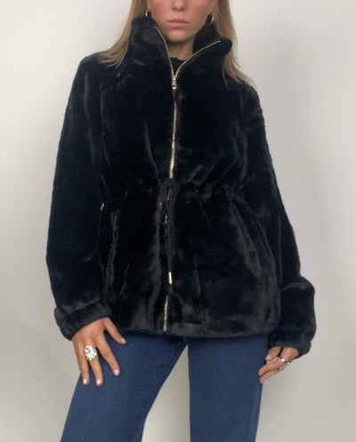 Black Waisted Fur Jacket