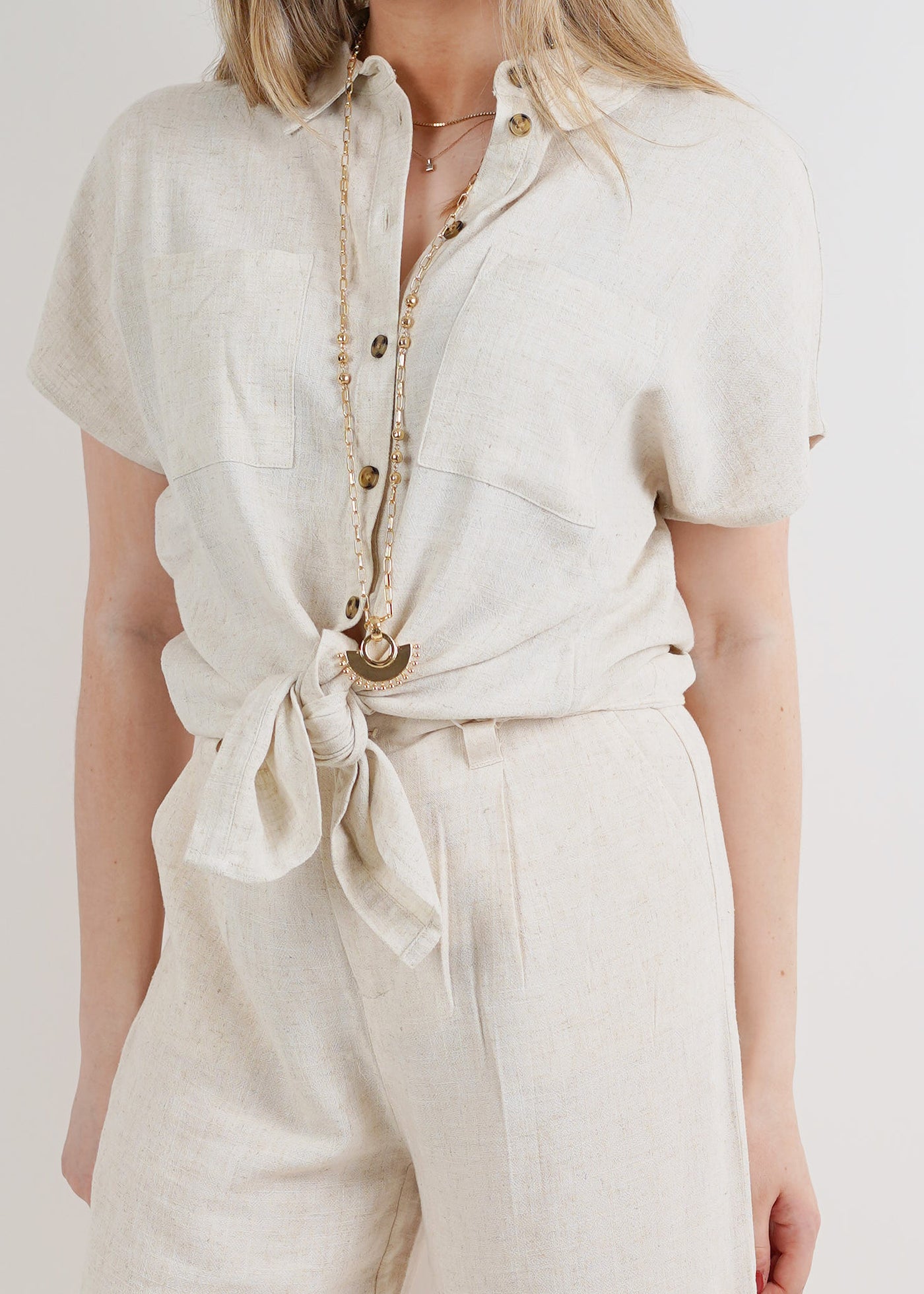 Linen Tie Blouse Oatmeal