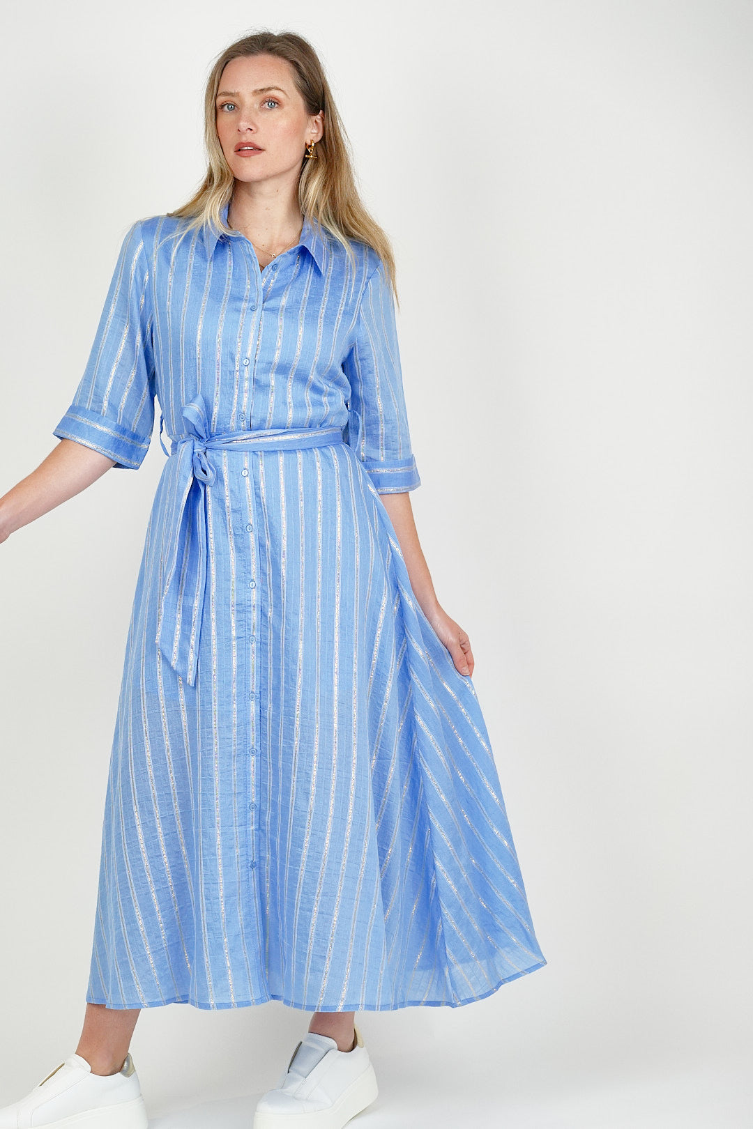 Silver Stripe Shirt Dress Blue