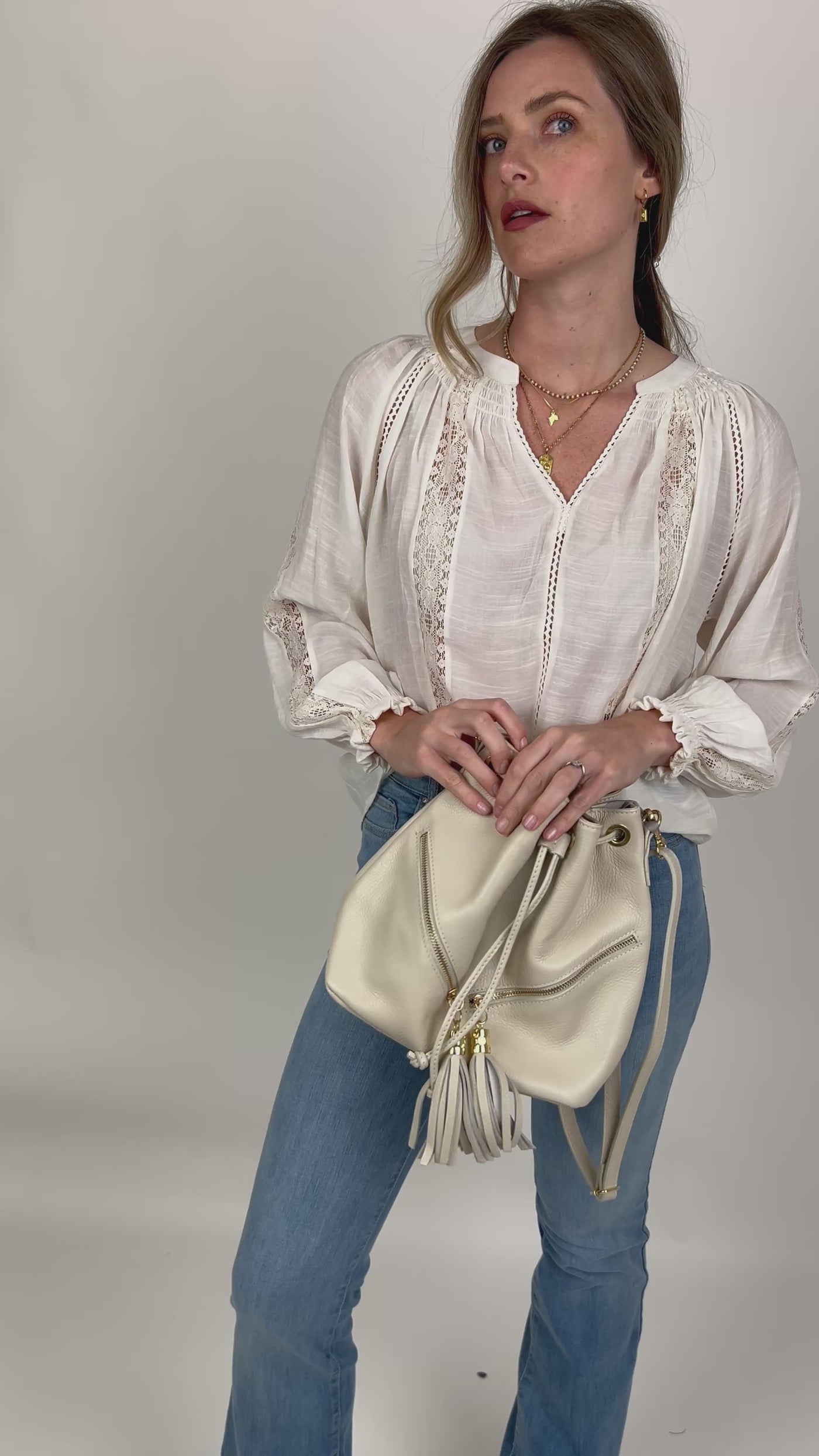 Draw String Tassel Bag Cream